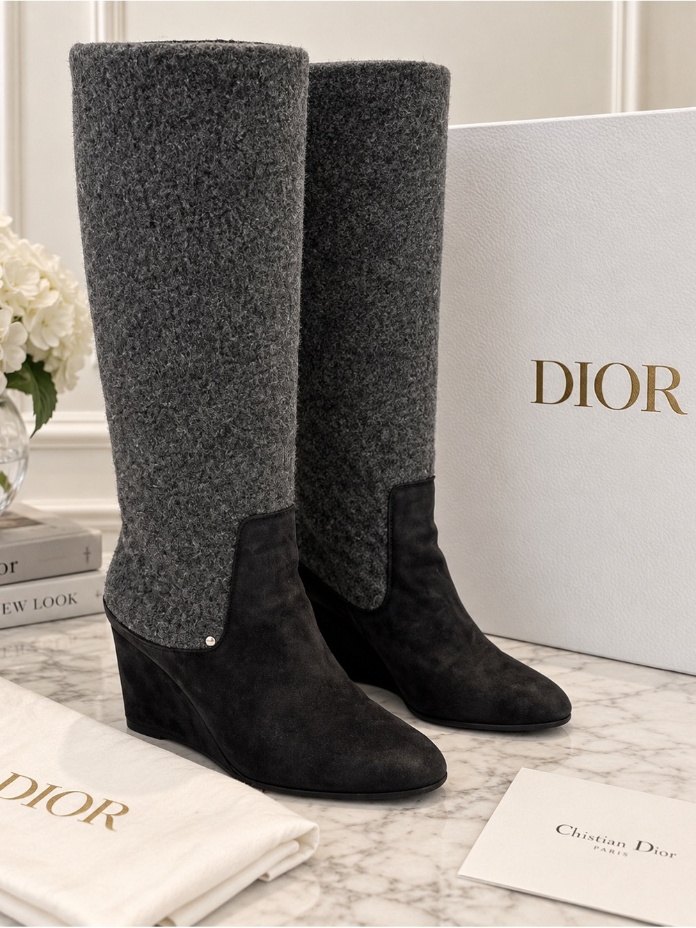 Designer Christian Dior CD‎ Gray Suede & Wool Tall Knee High Wedge Boots